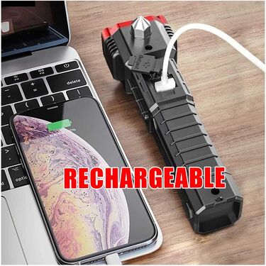 6-in-1 Rechargeable Emergency Torch with Hammer & Seat-Belt Cutter