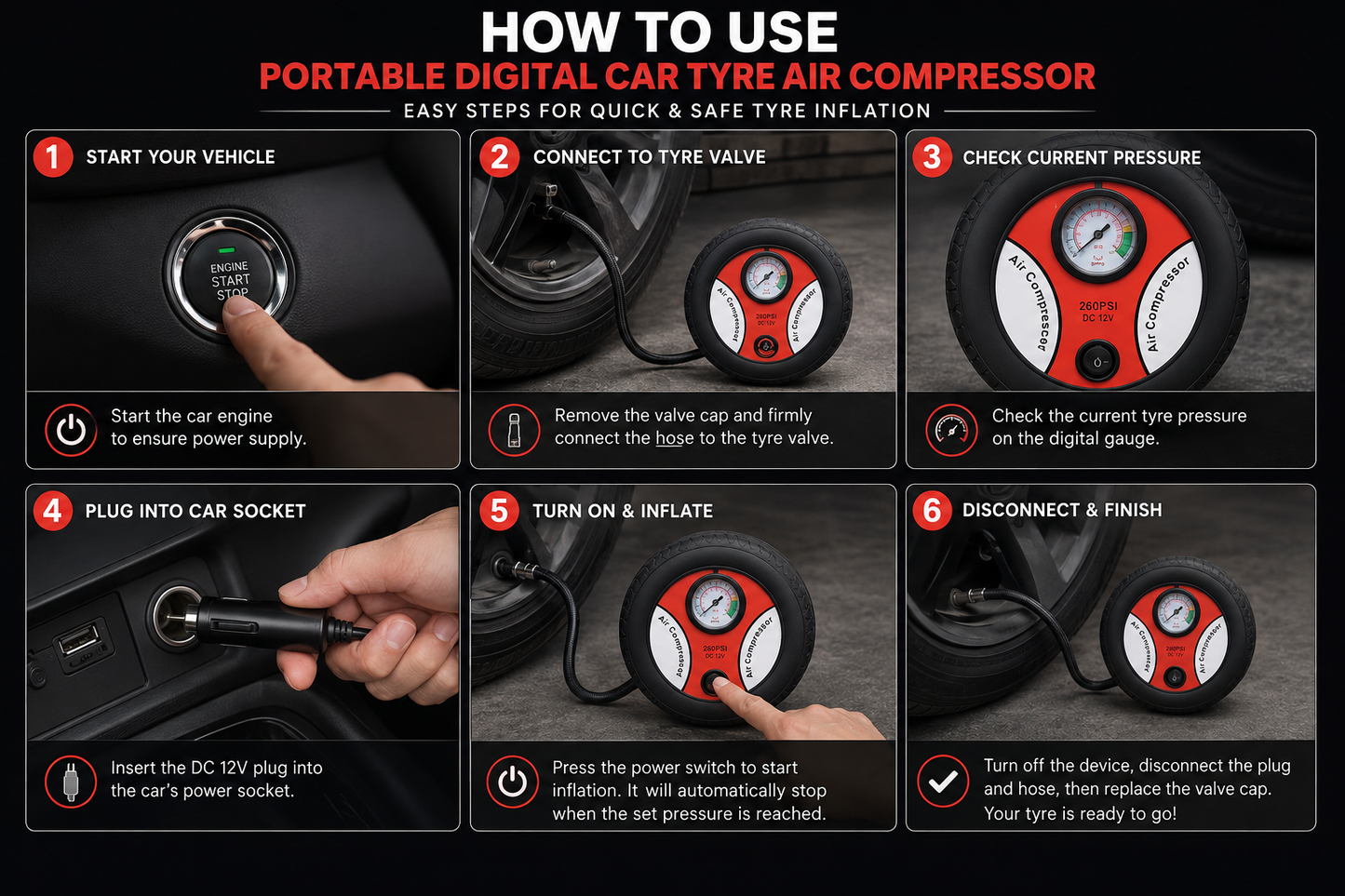 Portable 12V Digital Tyre Inflator with Pressure Gauge