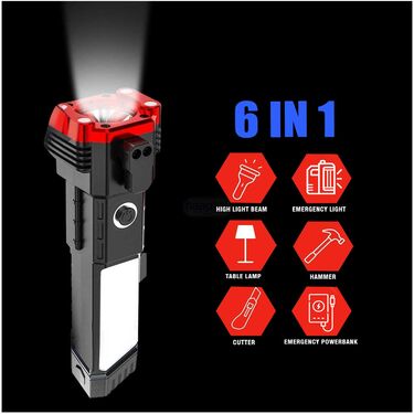 6-in-1 Rechargeable Emergency Torch with Hammer & Seat-Belt Cutter