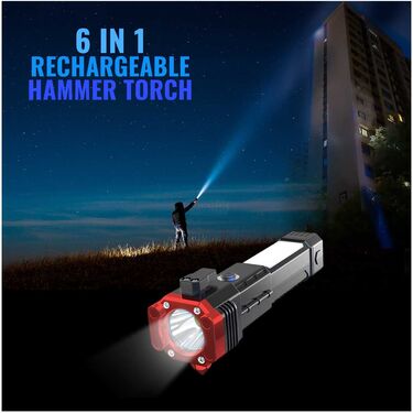 6-in-1 Rechargeable Emergency Torch with Hammer & Seat-Belt Cutter