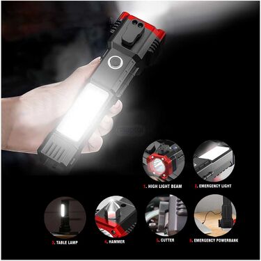 6-in-1 Rechargeable Emergency Torch with Hammer & Seat-Belt Cutter
